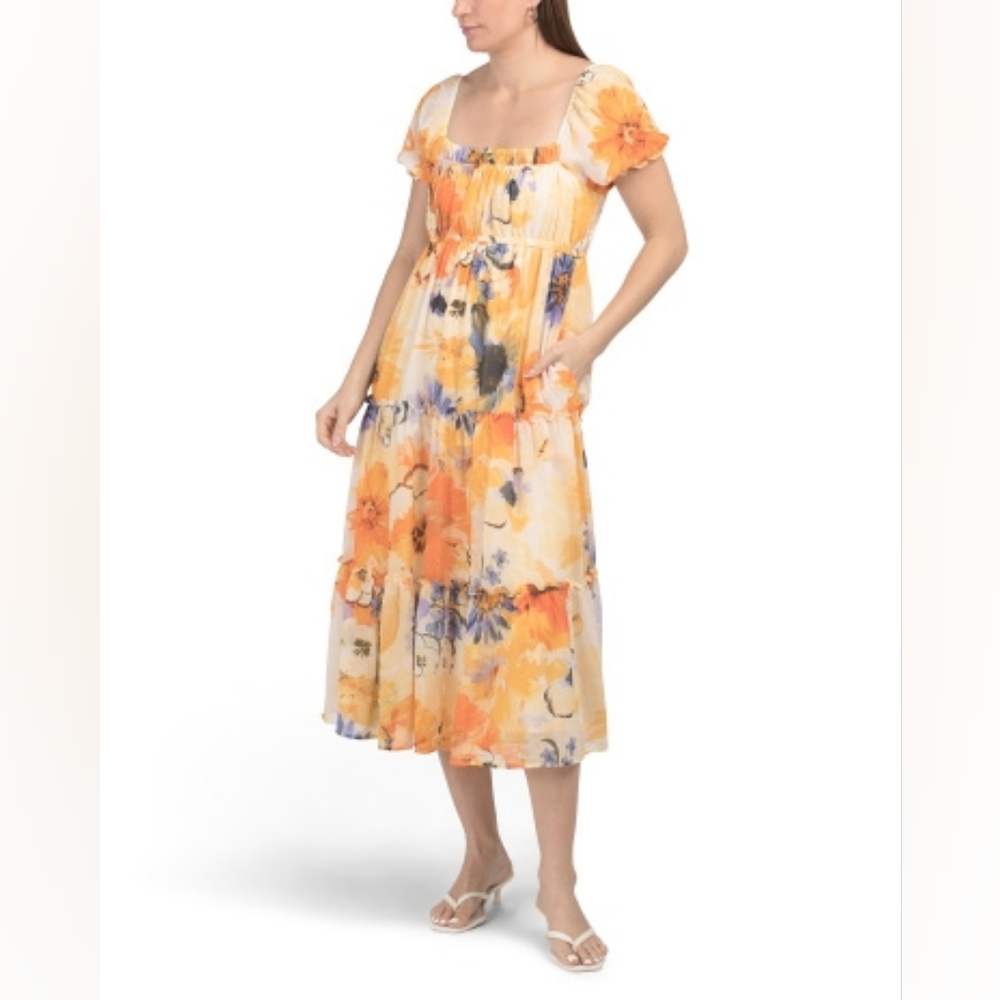 NWT - Onetheland Yellow Floral Ruffle Tiered Fully Lined Midi Dress - Size L